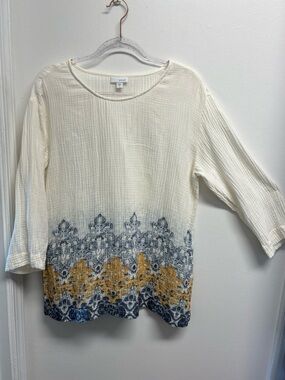 PureJill Cream Gauze 100% cotton Top with Blue and Yellow Geometric Border Print